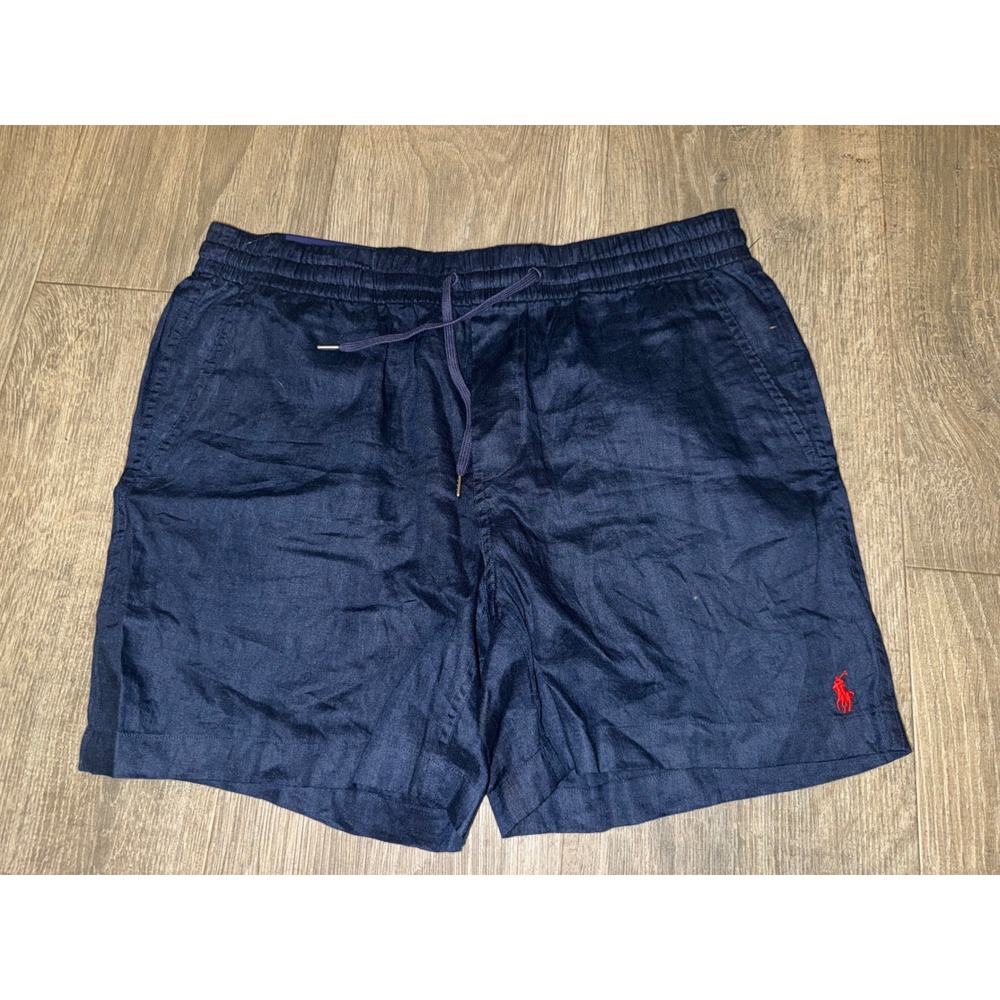 Polo Ralph Lauren Mens Navy Blue Linen Blend Classic Fit Drawstring Shorts NWT